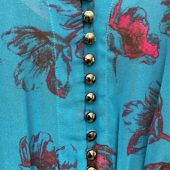 KENSIE Teal Blue Sheer Dress Floral overlay with a black under slip - Picture 6 of 11